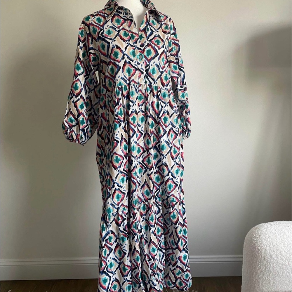 Anthropologie Cream Midi Dress with Teal, Burgundy & Navy Ikat